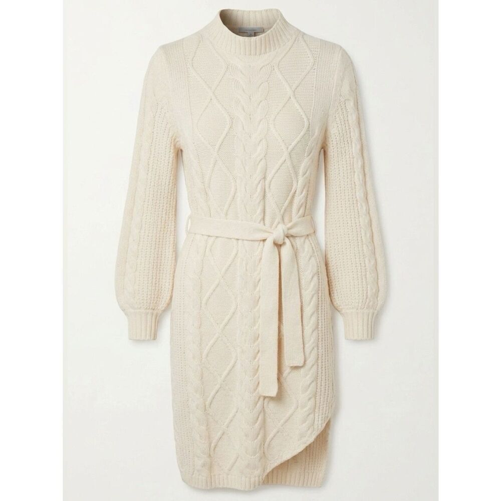 Cable Knit Belted Sweater Dress in Cream